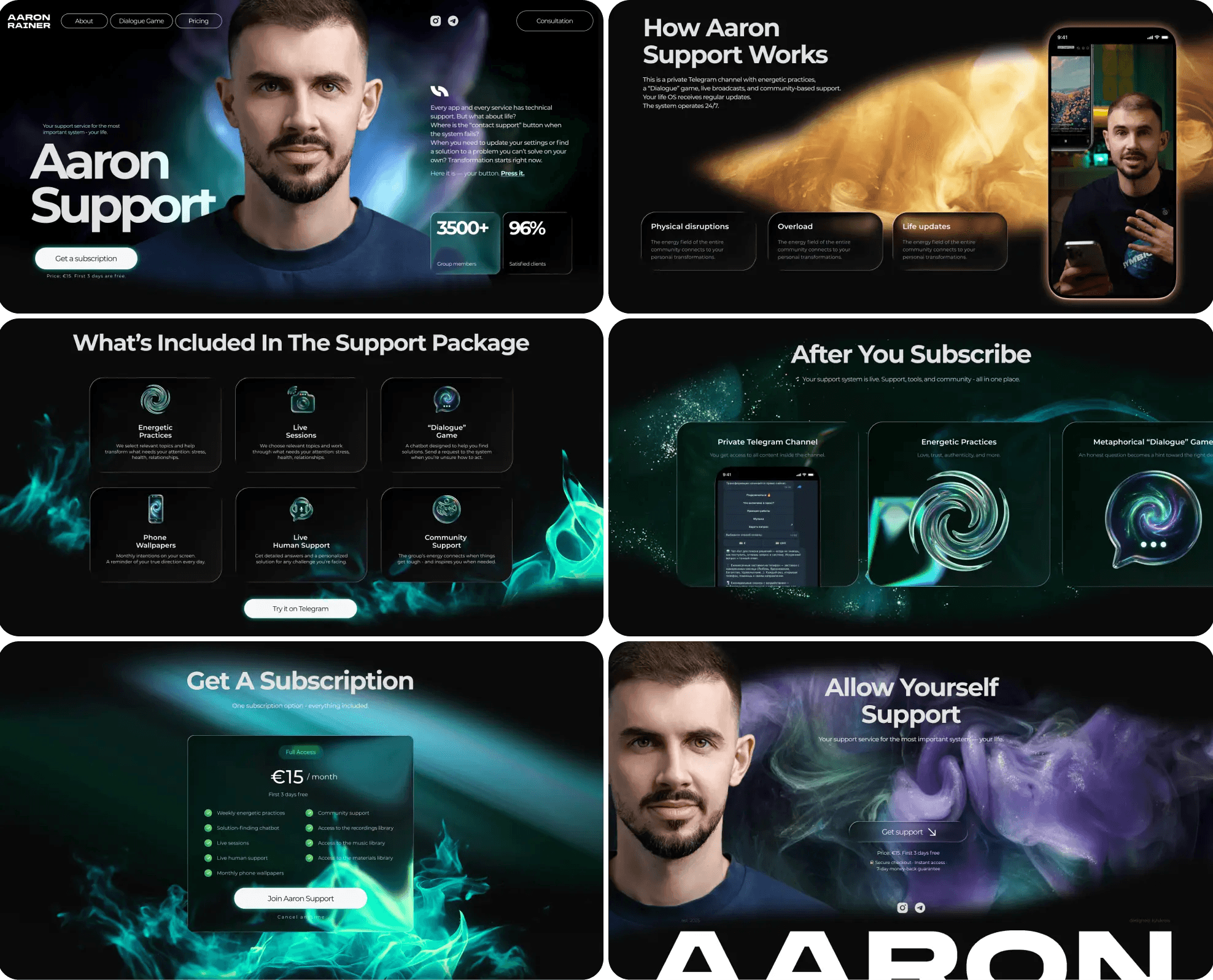 Aaron Support Interface und Landingpage Design Screens